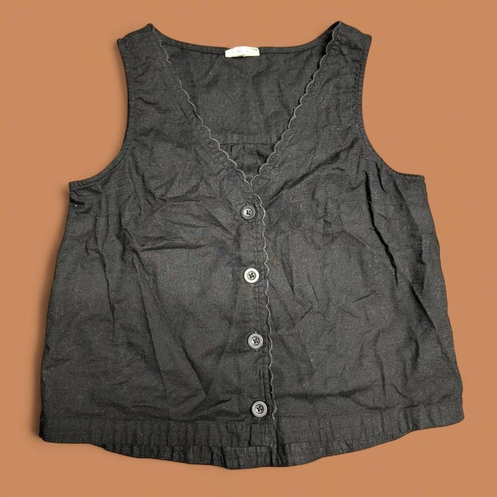 a.n.a Black Cotton Scalloped Button Up Cropped Vest Cottagecore Small